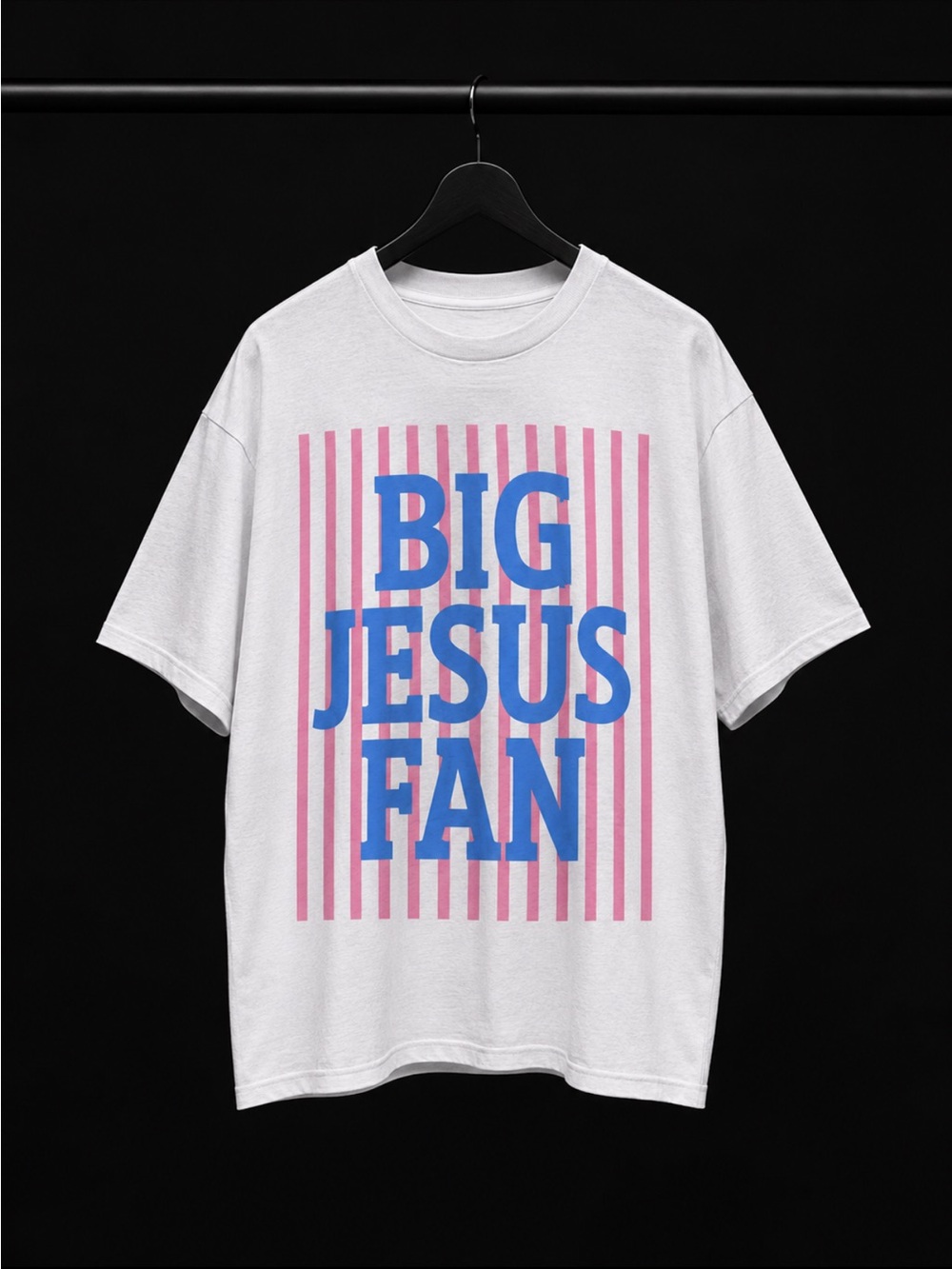 Big Jesus Fan Adult White Tee with Pink Stripes and Blue Print - Picture 1 of 1